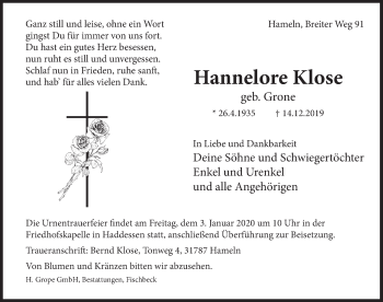 Traueranzeige von Hannelore Klose von Deister- und Weserzeitung