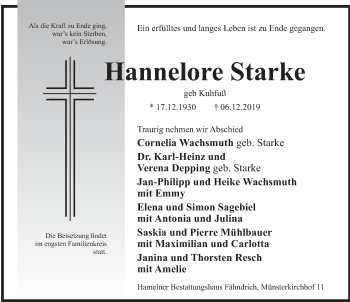 Traueranzeige von Hannelore Starke von Deister- und Weserzeitung