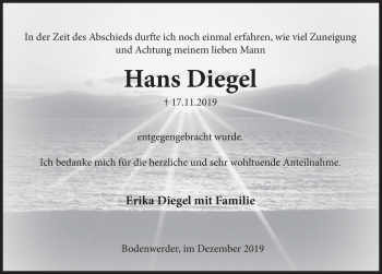 Traueranzeige von Hans Diegel von Deister- und Weserzeitung