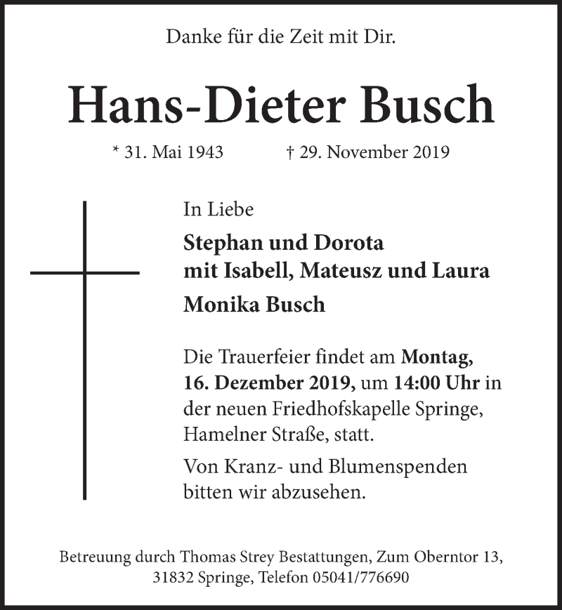  Traueranzeige für Hans-Dieter Busch vom 07.12.2019 aus Neue Deister-Zeitung
