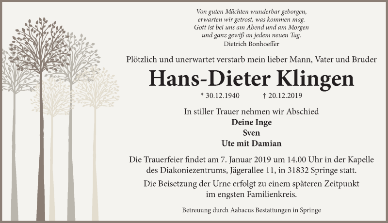  Traueranzeige für Hans-Dieter Klingen vom 03.01.2020 aus Neue Deister-Zeitung