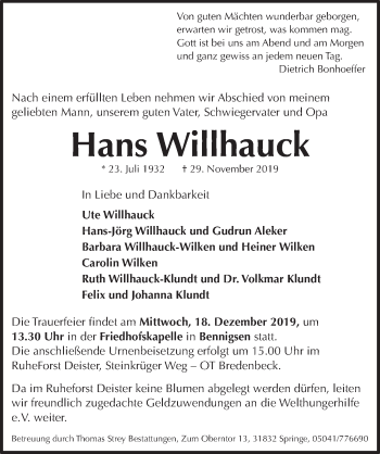 Traueranzeige von Hans Willhauck 
