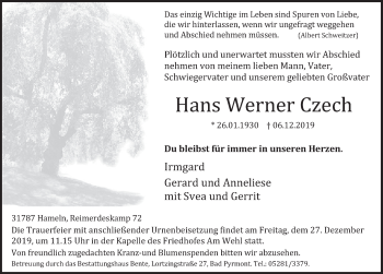 Traueranzeige von Hans Werner Czech von Deister- und Weserzeitung