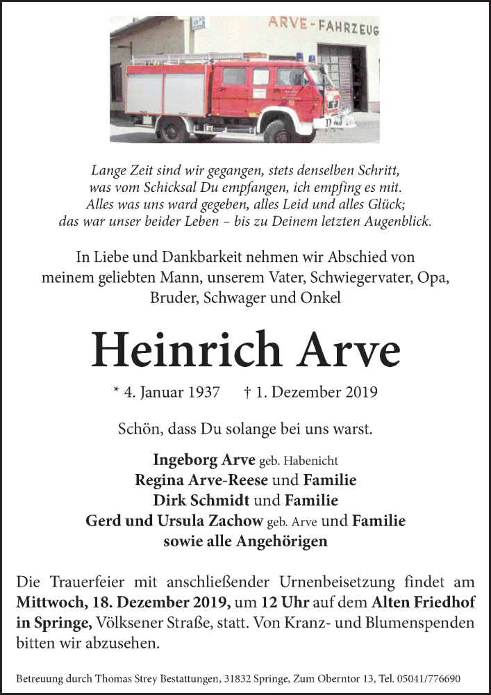  Traueranzeige für Heinrich Arve vom 14.12.2019 aus Neue Deister-Zeitung