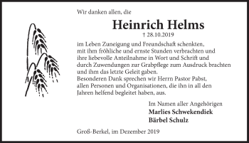 Traueranzeige von Heinrich Helms von Deister- und Weserzeitung