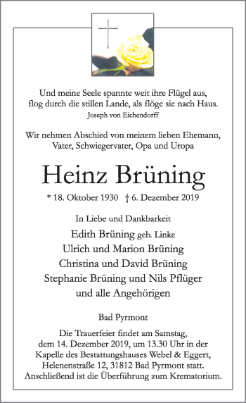 Traueranzeige von Heinz Brüning von Deister- und Weserzeitung