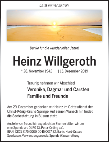 Traueranzeige von Heinz Willgeroth von Neue Deister-Zeitung