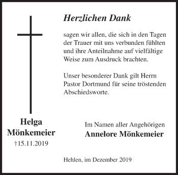 Traueranzeige von Helga Mönkemeier von Deister- und Weserzeitung