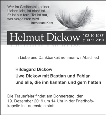 Traueranzeige von Helmut Dickow von Deister- und Weserzeitung