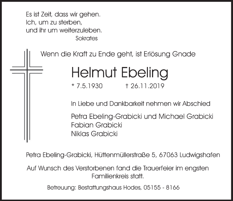  Traueranzeige für Helmut Ebeling vom 07.12.2019 aus Deister- und Weserzeitung
