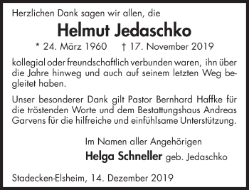 Traueranzeige von Helmut Jedaschko von Deister- und Weserzeitung