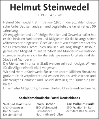 Traueranzeige von Helmut Steinwedel von Neue Deister-Zeitung