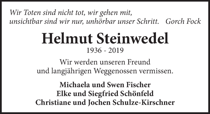  Traueranzeige für Helmut Steinwedel vom 14.12.2019 aus Neue Deister-Zeitung