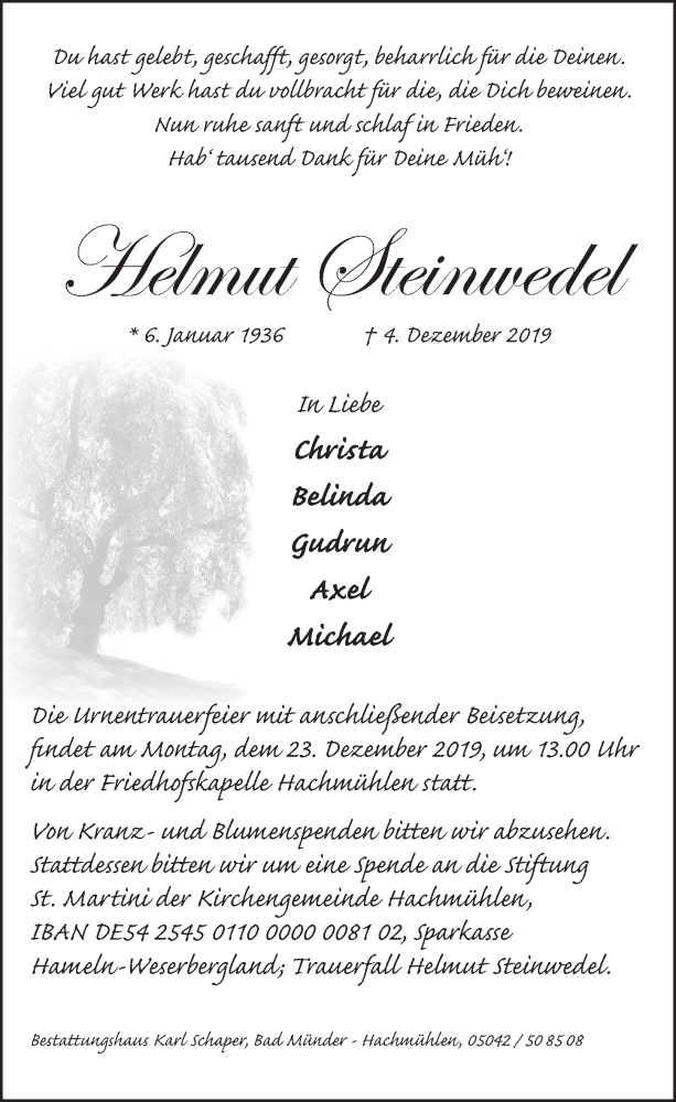  Traueranzeige für Helmut Steinwedel vom 14.12.2019 aus Neue Deister-Zeitung