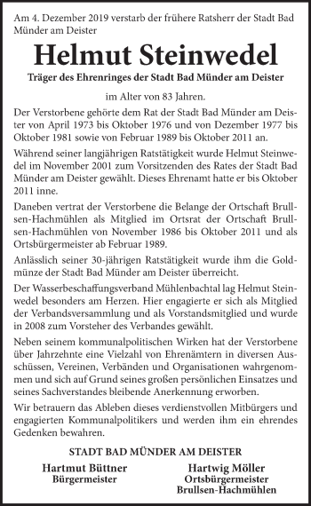 Traueranzeige von Helmut Steinwedel von Neue Deister-Zeitung