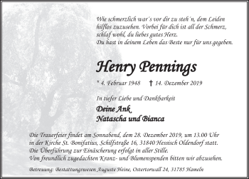 Traueranzeige von Henry Pennings von Deister- und Weserzeitung