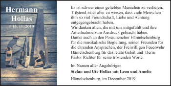 Traueranzeige von Hermann Hollas von Deister- und Weserzeitung