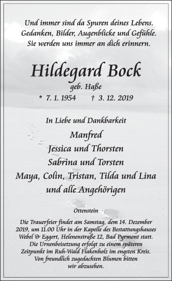 Traueranzeige von Hildegard Bock von Deister- und Weserzeitung