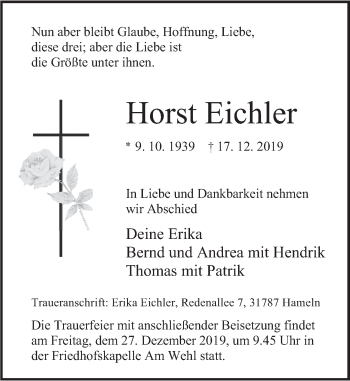 Traueranzeige von Horst Eichler von Deister- und Weserzeitung