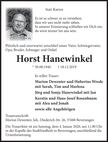 Traueranzeige von Horst Hanewinkel von Deister- und Weserzeitung