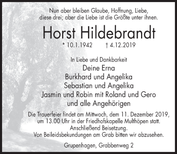 Traueranzeige von Horst Hildebrandt von Deister- und Weserzeitung