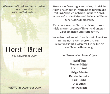 Traueranzeige von Horst Härtel von Deister- und Weserzeitung