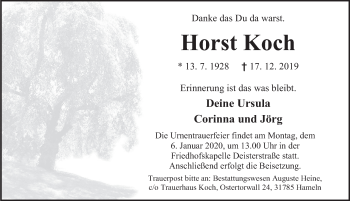 Traueranzeige von Horst Koch von Deister- und Weserzeitung