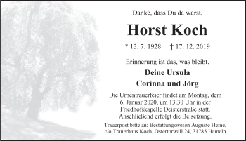 Traueranzeige von Horst Koch von Deister- und Weserzeitung