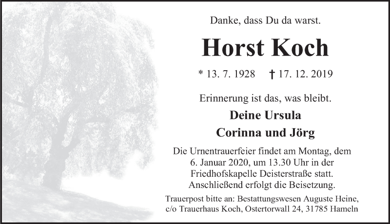  Traueranzeige für Horst Koch vom 02.01.2020 aus Deister- und Weserzeitung