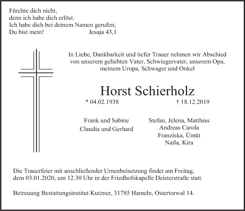  Traueranzeige für Horst Schierholz vom 21.12.2019 aus Deister- und Weserzeitung
