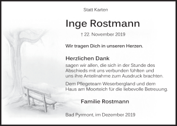 Traueranzeige von Inge Rostmann von Deister- und Weserzeitung