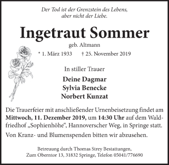Traueranzeige von Ingetraut Sommer von Neue Deister-Zeitung