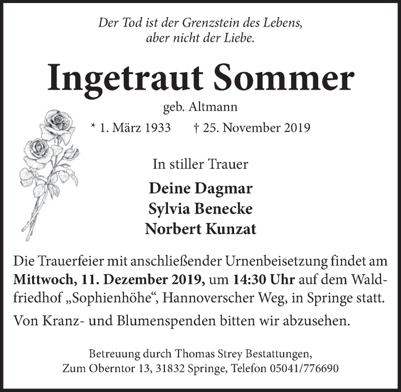  Traueranzeige für Ingetraut Sommer vom 07.12.2019 aus Neue Deister-Zeitung