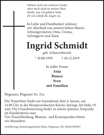 Traueranzeige von Ingrid Schmidt von Neue Deister-Zeitung
