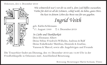 Traueranzeige von Ingrid Veith von Deister- und Weserzeitung