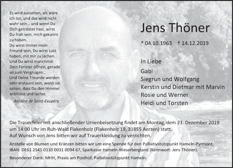  Traueranzeige für Jens Thöner vom 21.12.2019 aus Deister- und Weserzeitung