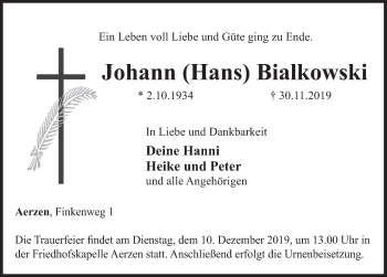 Traueranzeige von Johann Bialkowski von Deister- und Weserzeitung