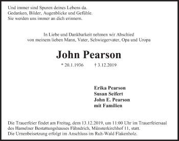 Traueranzeige von John Pearson von Deister- und Weserzeitung