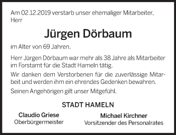 Traueranzeige von Jürgen Dörbaum von Deister- und Weserzeitung