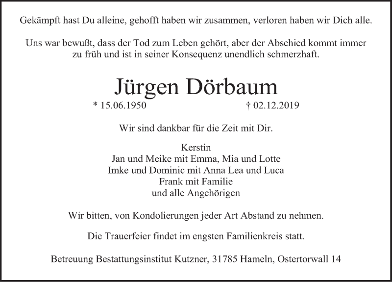  Traueranzeige für Jürgen Dörbaum vom 07.12.2019 aus Deister- und Weserzeitung