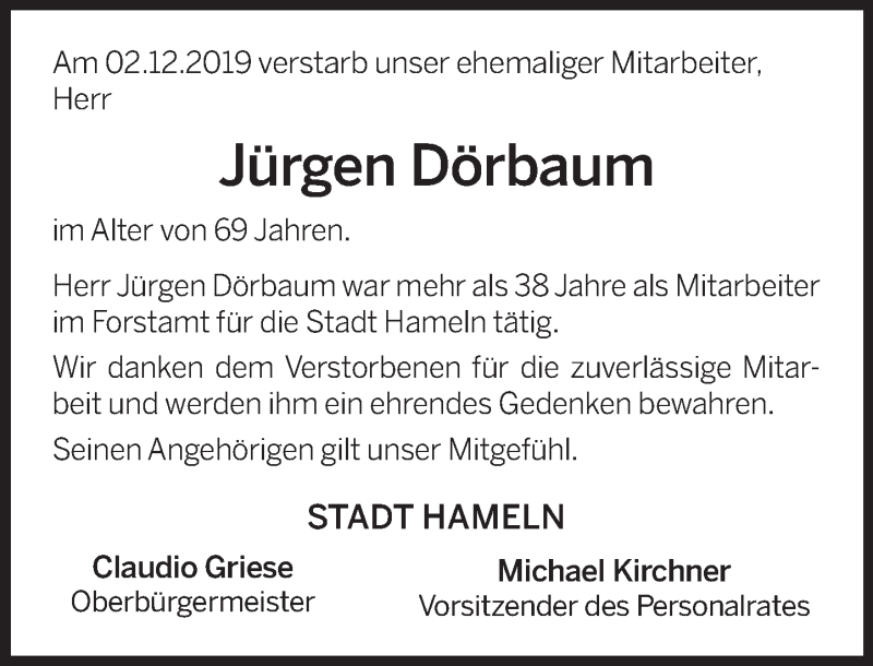 Traueranzeige für Jürgen Dörbaum vom 14.12.2019 aus Deister- und Weserzeitung