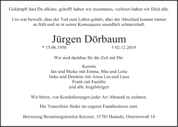 Traueranzeige von Jürgen Dörbaum von Deister- und Weserzeitung