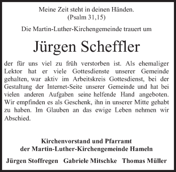 Traueranzeige von Jürgen Scheffler von Deister- und Weserzeitung