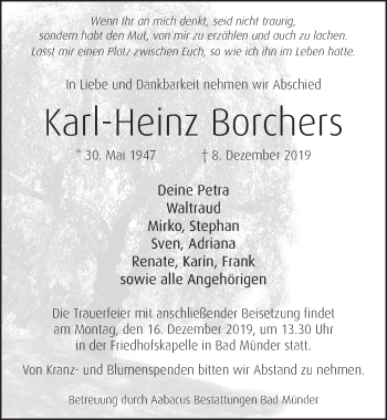Traueranzeige von Karl-Heinz Borchers von Neue Deister-Zeitung
