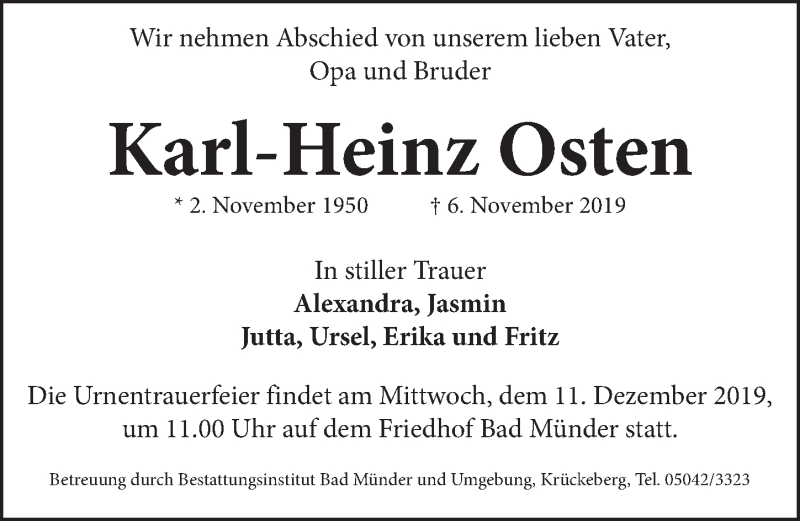  Traueranzeige für Karl-Heinz Osten vom 07.12.2019 aus Neue Deister-Zeitung