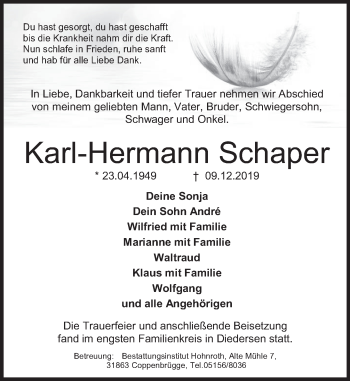 Traueranzeige von Karl-Hermann Schaper von Deister- und Weserzeitung