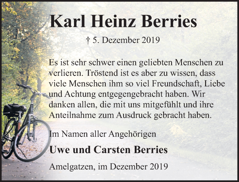  Traueranzeige für Karl Heinz Berries vom 21.12.2019 aus Deister- und Weserzeitung