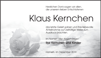 Traueranzeige von Klaus Kernchen von Deister- und Weserzeitung