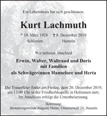 Traueranzeige von Kurt Lachmuth von Deister- und Weserzeitung