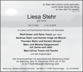 Traueranzeige von Liesa Stehr von Deister- und Weserzeitung